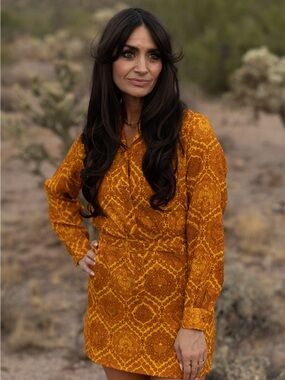 Vintage Mustard & Brown print Long-Sleeve Mini Dress